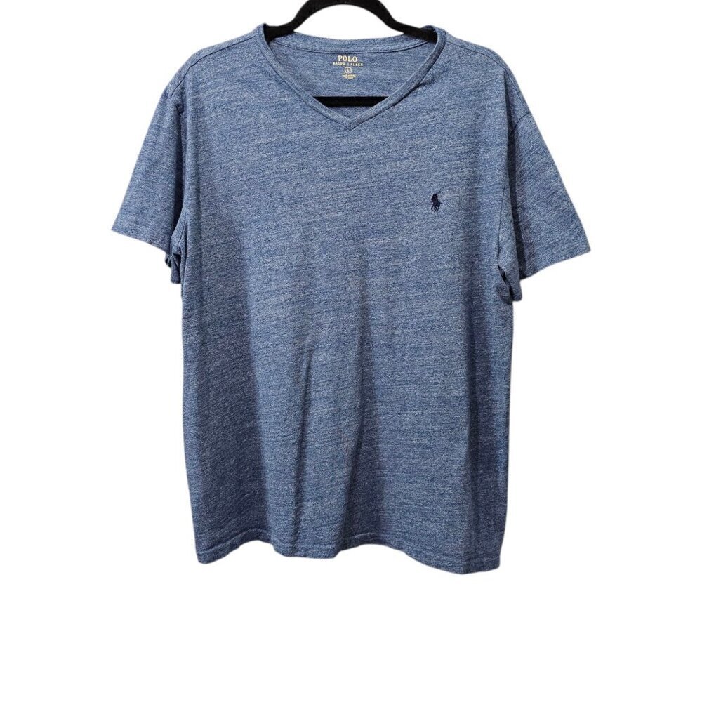 Polo Ralph Lauren Short Sleeve V Neck Marled Blue Cotton Shirt - Picture 2 of 7